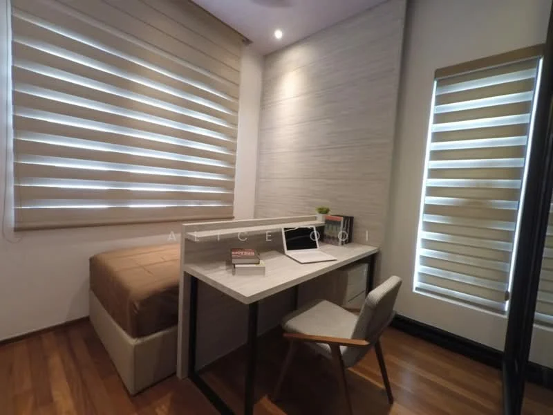 Room features: single bed with beige bedding, wooden flooring, white painted walls, textured accent wall, two large windows with horizontal blinds, desk with white top and black legs, grey upholstered chair, decorative plant on desk, notebook and book on desk; style: modern.