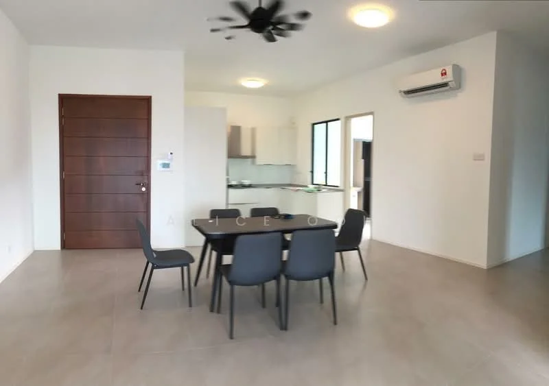 Dining features: round dining table, 6 grey dining chairs, 5-blade ceiling fan with light, wall-mounted split AC, light grey tiled flooring, white painted walls, large window with natural light, door leading to another room; style: modern. Kitchen features: kitchen cabinets, countertop, stainless-steel sink, built-in appliances, light grey tiled flooring, white painted walls; style: modern.