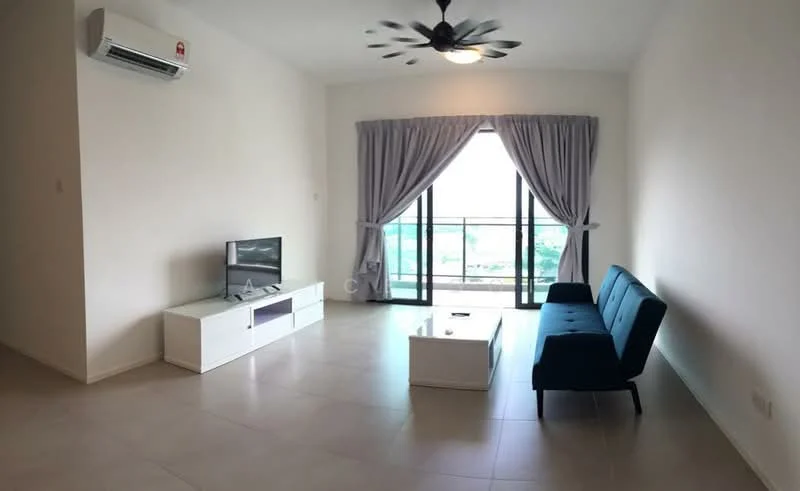 Living features: light grey walls, white ceiling, 5-blade ceiling fan with light, floor-to-ceiling windows, sliding glass door, sheer curtains, grey fabric sofa, white coffee table, TV console, wall-mounted TV, tile flooring, wall-mounted split AC; style: modern; view: city.