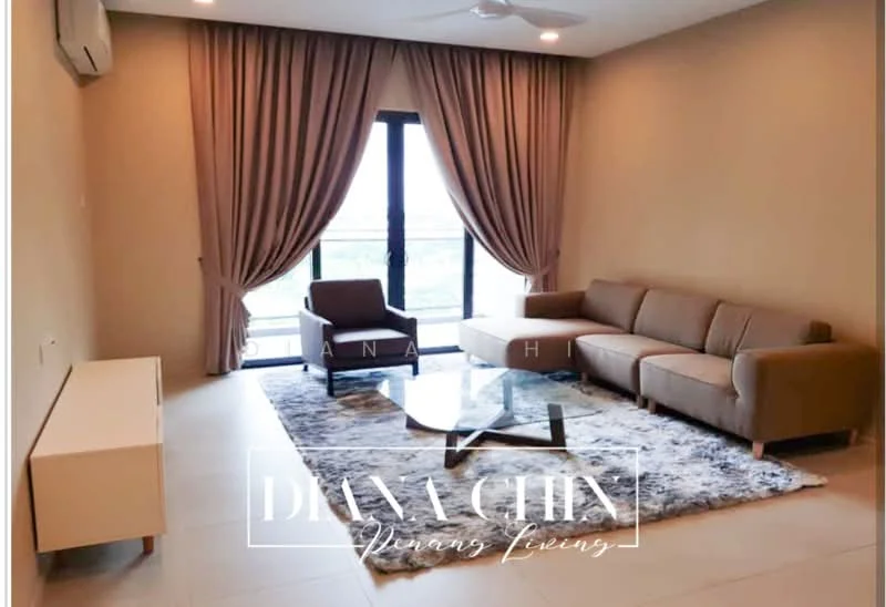 Living features: 3-seater fabric sofa in beige, coffee table, area rug with geometric pattern, floor-to-ceiling windows, sheer curtains, wall-mounted split AC, light-colored walls, tile flooring, ceiling fan; style: modern; view: city.