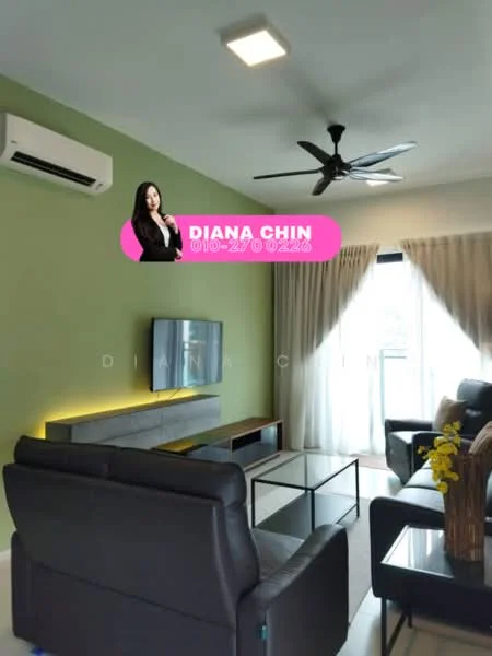 Living features: green painted walls, white ceiling, 5-blade ceiling fan with light, wall-mounted TV, black leather sofa, coffee table with glass top, curtains, floor-to-ceiling windows, air conditioning unit; style: modern.