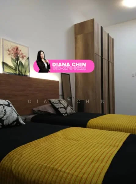 Bedroom features: two single beds with black bedding, yellow striped bedspread, wooden headboard, decorative wall art with floral design, built-in wardrobe with wooden finish, white walls, recessed lighting, nightstand with lamp; style: modern.