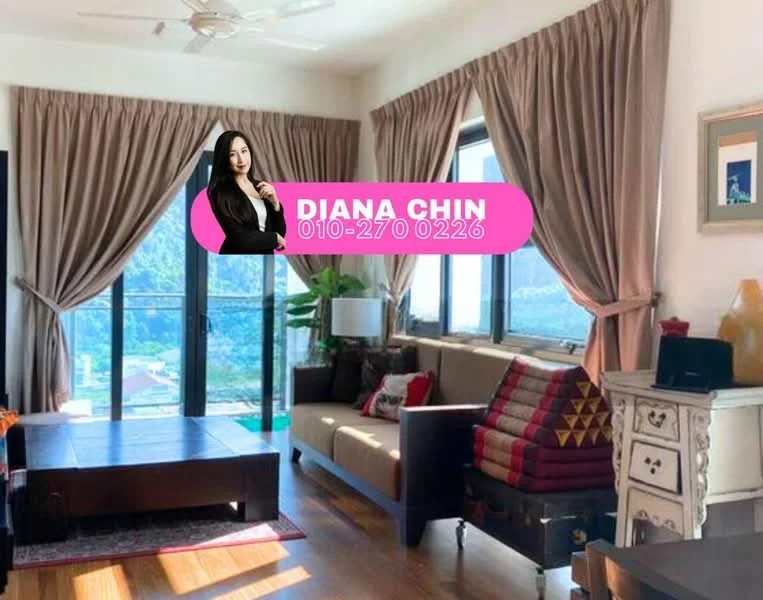 Living features: large floor-to-ceiling windows, curtains in beige, wooden flooring, sofa in dark brown, decorative cushions in red and patterned, coffee table in dark wood, side table in white, decorative wall art, indoor plant, ceiling fan, area rug with geometric pattern; style: modern; view: mountain.