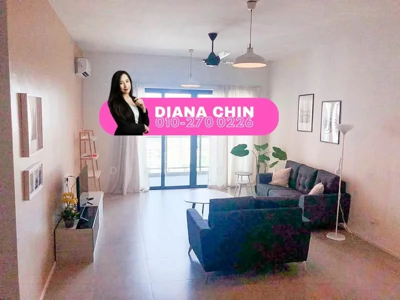 Living features: grey fabric sofa, 3-seater sofa, coffee table, wall-mounted TV, TV console, floor-to-ceiling windows, sheer curtains, ceiling fan with light, decorative houseplants, framed artwork on walls, light-colored walls, tile flooring; style: modern; view: city.