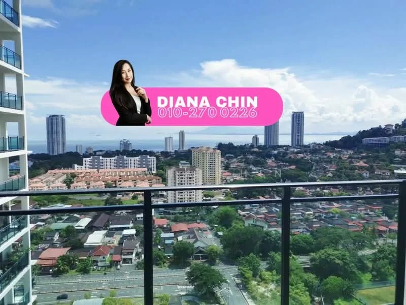 Exterior type: high-rise condominium; features: city skyline view, balcony with glass railing, surrounding residential buildings, sea view in the background, urban landscape, greenery visible below; style: modern.