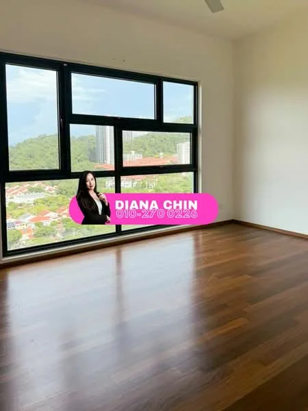 Room features: large floor-to-ceiling windows, wooden flooring, white painted walls, ceiling fan, mountain view; style: modern; view: mountain.