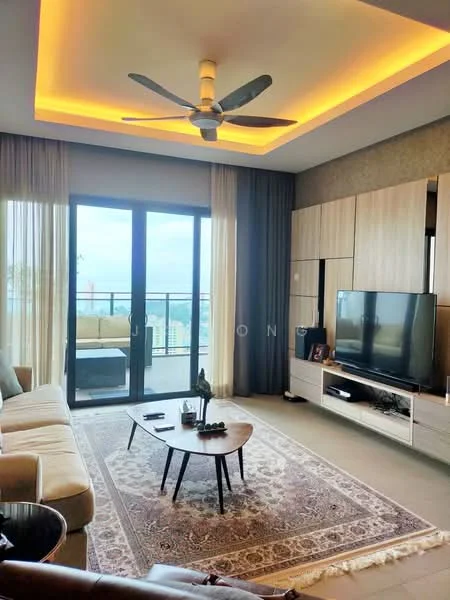 Living features: 5-blade ceiling fan with integrated LED light, floor-to-ceiling windows, sliding glass door, beige fabric sofa, coffee table, TV console, wall-mounted TV, area rug with geometric pattern, decorative wall paneling, recessed lighting, curtains, view of balcony; style: modern; view: city.