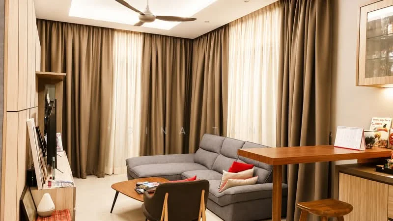 Living features: grey fabric sectional sofa, wooden coffee table, TV console, wall-mounted TV, 5-blade ceiling fan, recessed downlights, floor-to-ceiling windows, sheer curtains, dark brown wooden side table, decorative cushions, light-coloured walls, cream tiled flooring; style: modern.