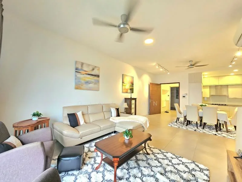 Living features: 3-seater fabric sofa in beige, 2-seater fabric sofa in grey, coffee table with dark wood finish, area rug with geometric pattern, floor-to-ceiling windows, 5-blade ceiling fan with light, recessed LED downlights, decorative artwork on walls, wall-mounted TV, open-plan layout to dining area; style: modern. Dining features: 6-seater dining table with white top, upholstered dining chairs, pendant lighting above dining table, open layout to living area; style: modern.