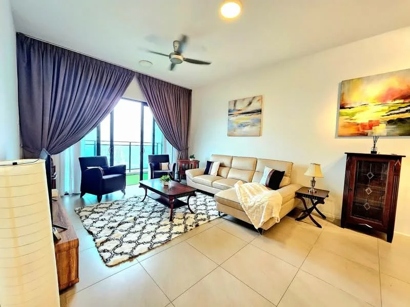 Living features: 3-seater leather sofa in beige, 2 armchairs in dark fabric, coffee table with wooden surface, area rug with geometric pattern, wall-mounted artwork with abstract design, decorative lamp on side table, wooden cabinet with decorative elements, floor-to-ceiling windows with sheer curtains, ceiling fan with light, recessed downlights, balcony access visible; style: modern; view: city.
