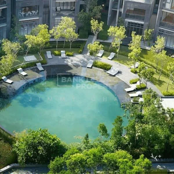 Exterior type: high-rise condominium; features: infinity pool, pool deck with loungers, manicured lawn, mature trees, tropical landscaping, surrounded by greenery; style: modern.
