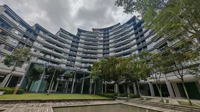Exterior type: mid-rise condominium; features: curved building facade, glass curtain wall, green landscaping, manicured lawn, outdoor seating area, water feature, multiple balconies, surrounded by trees; style: modern.