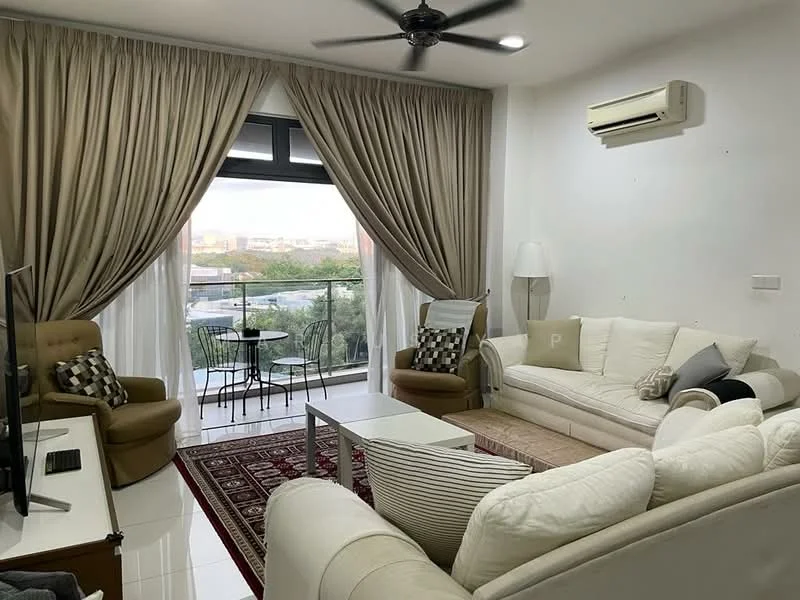 Living features: white leather sectional sofa, 2 beige armchairs, glass coffee table, TV console, wall-mounted TV, area rug with geometric pattern, floor-to-ceiling windows, sheer curtains, recessed downlights, ceiling fan, balcony view, decorative throw pillows; style: modern; view: city.