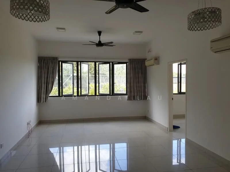 Living features: white painted walls, glossy tile flooring, 5-blade ceiling fan, recessed downlights, floor-to-ceiling windows, curtains, wall-mounted split AC, neutral color scheme; style: modern; view: garden.