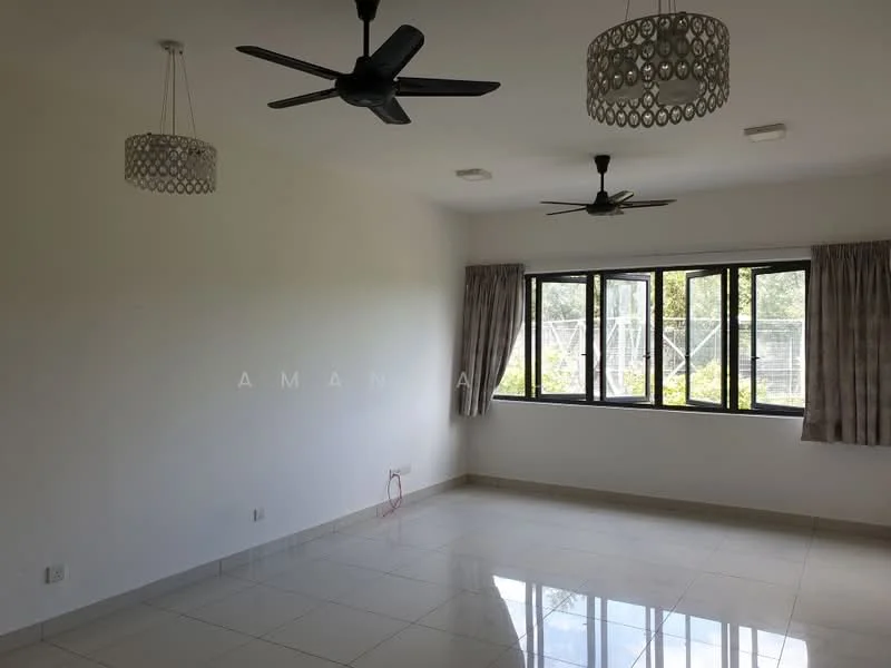 Living features: white painted walls, glossy ceramic tile flooring, 2 ceiling fans with light, 3 large windows with black frames, curtains in neutral color, recessed ceiling lights, open layout, no visible furniture; style: modern; view: garden.