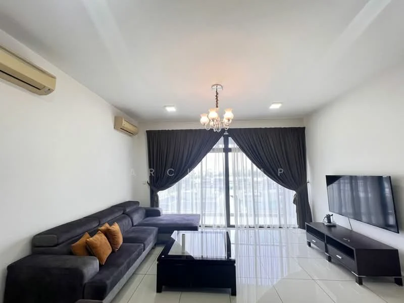 Living features: grey L-shape sectional sofa, orange accent cushions, black coffee table, wall-mounted TV, TV console, floor-to-ceiling windows, sheer curtains, blackout curtains, recessed LED downlights, chandelier, 2 wall-mounted split AC units, white painted walls, glossy tile flooring; style: modern; view: city.