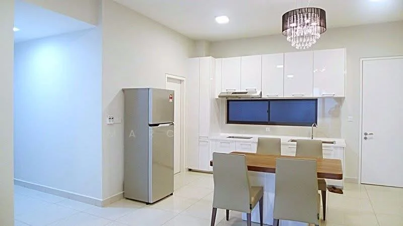 Kitchen features: white cabinetry, stainless-steel fridge, white countertop, built-in oven, ceramic tile flooring, recessed downlights, dining table with 4 chairs, window above sink, chrome faucet, open shelving, neutral wall color, chandelier light fixture; style: modern.