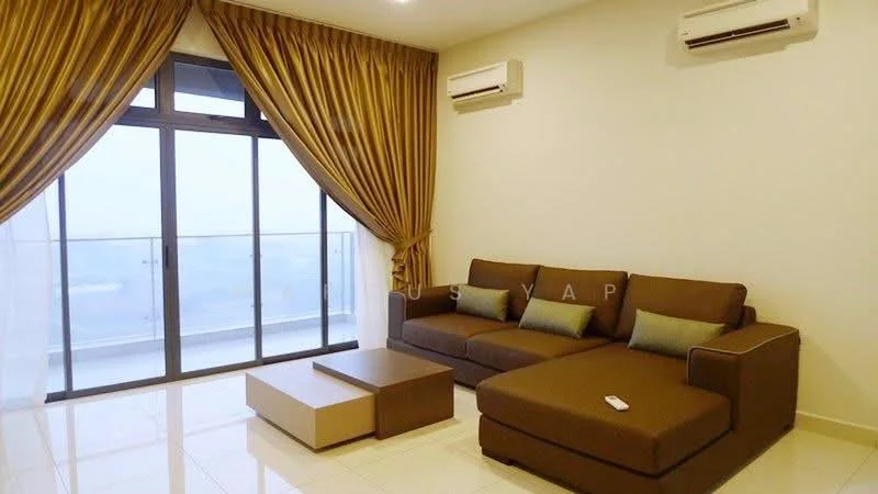 Living features: brown fabric sectional sofa, coffee table, floor-to-ceiling windows, sheer curtains, recessed downlights, 2 wall-mounted split AC units, white painted walls, glossy tile flooring; style: modern; view: city.