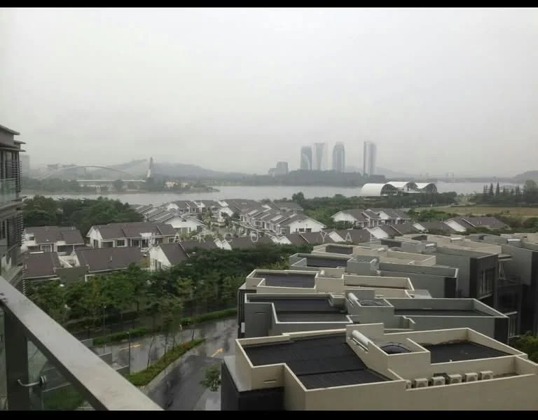 Exterior features: view of city skyline, waterfront, surrounded by residential houses, green landscaping, multi-storey buildings in the background, flat roof structures, road visible in foreground; style: modern.
