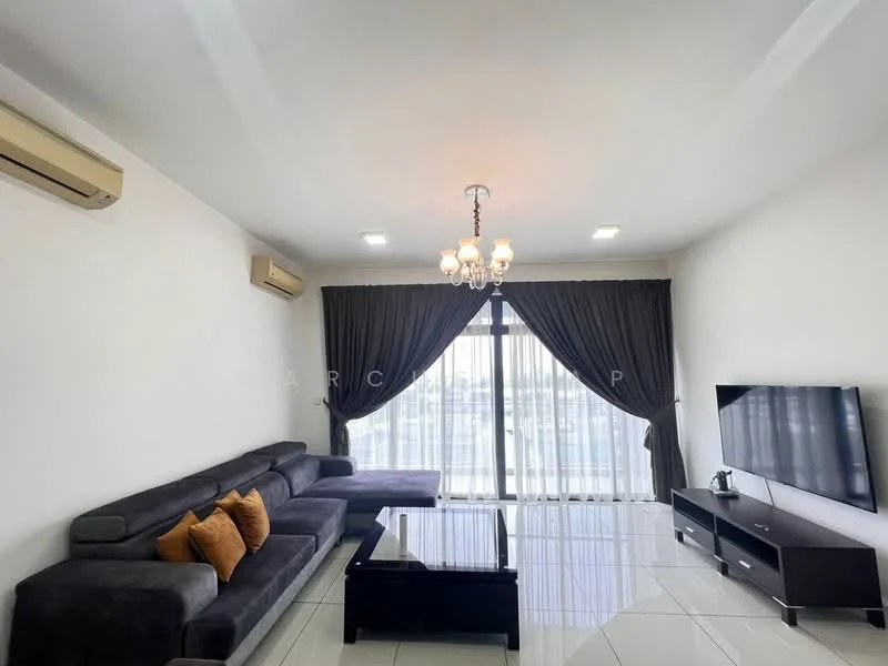 Living features: grey L-shape sectional sofa, orange accent cushions, black coffee table, wall-mounted flat-screen TV, dark wood TV console, white painted walls, recessed LED downlights, chandelier, floor-to-ceiling windows with sheer curtains, white glossy tile flooring, 2 wall-mounted split AC units; style: modern; view: city.