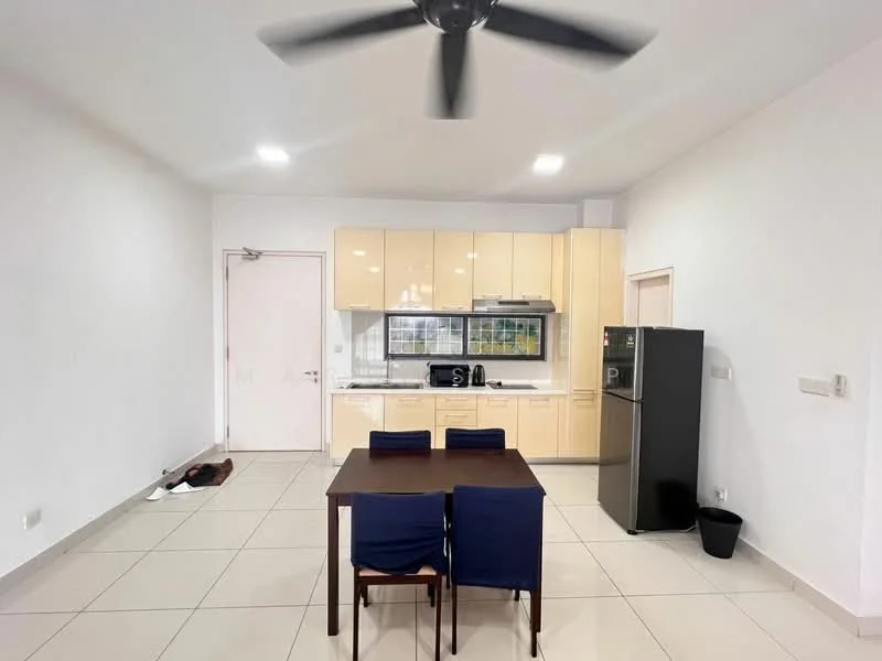 Kitchen features: light wood cabinetry, white countertop, stainless-steel fridge, built-in oven, 4-burner gas hob, single-bowl stainless-steel sink, chrome pull-down faucet, ceramic tile flooring, recessed LED downlights, 5-blade ceiling fan, dining table with 4 chairs, open layout, window with view, white painted walls; style: modern.