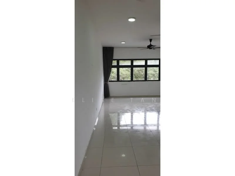 Room features: white painted walls, glossy tile flooring, 5-blade ceiling fan, large windows, curtains, natural light, view of greenery; style: modern; view: garden.