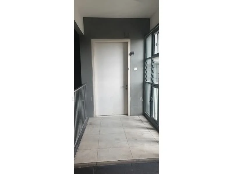 Room features: grey painted walls, white door, large glass windows, sliding window, tile flooring, metal railing; style: modern.