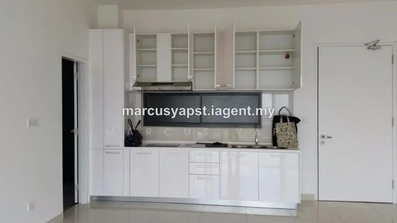 Kitchen features: white cabinetry with upper glass-front cabinets, stainless-steel built-in oven, stainless-steel range hood, 4-burner gas hob, grey countertop, white tiled backsplash, single-bowl stainless-steel sink, chrome pull-down faucet, ceramic tile flooring, recessed downlights, open shelving, built-in microwave; style: modern.
