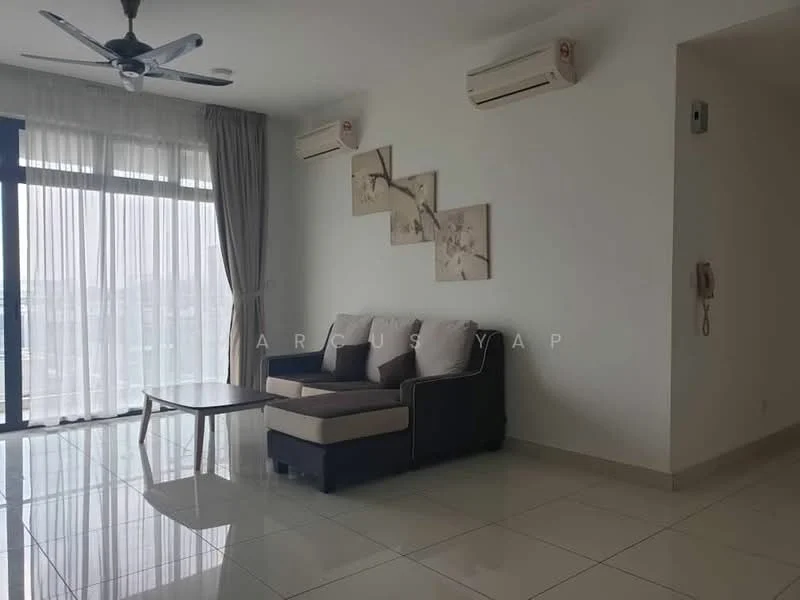 Living features: 3-seater fabric sofa in grey, coffee table, floor-to-ceiling windows, curtains, 2 wall-mounted split AC units, polished ceramic tile flooring, decorative wall art, ceiling fan; style: modern; view: city.
