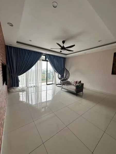Living features: white painted walls, exposed brick accent wall, glossy ceramic tile flooring, 5-blade ceiling fan with light, floor-to-ceiling windows, sliding glass door, sheer curtains, recessed downlights, sofa, coffee table; style: modern; view: city.