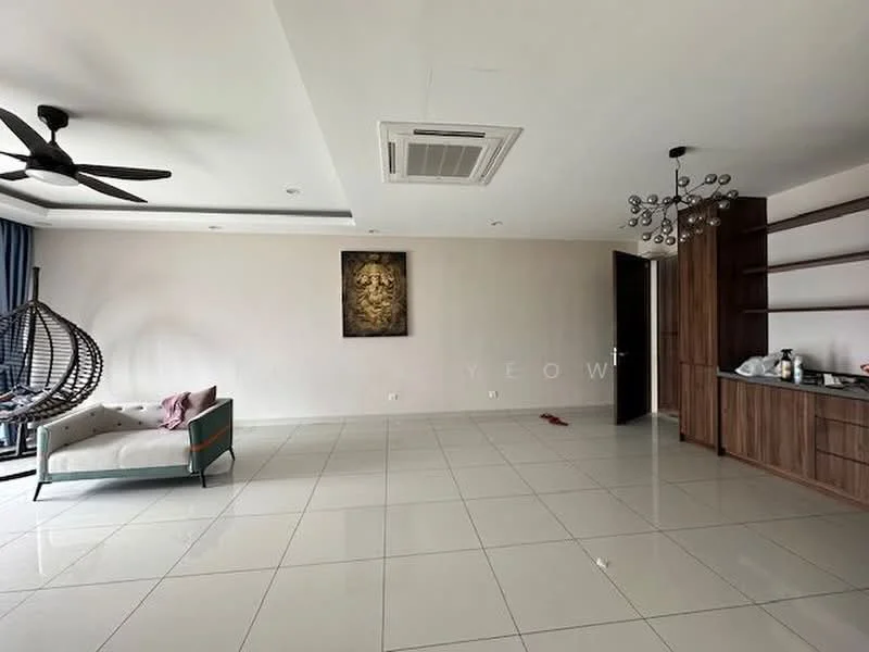 Living features: white painted walls, polished ceramic tile flooring, 5-blade ceiling fan, recessed downlights, chandelier, large windows with blue curtains, hanging rattan chair, wooden shelving unit, decorative wall art, open layout; style: modern.