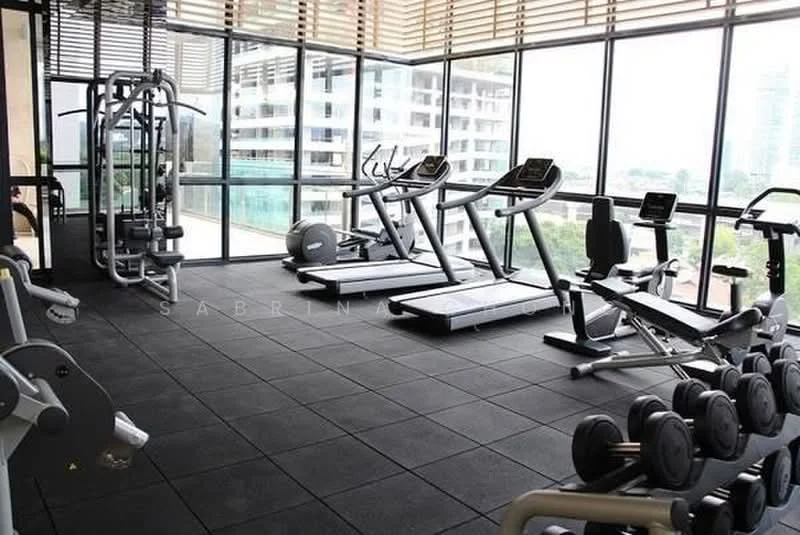 Room features: large windows with city view, rubber flooring, treadmills, elliptical machine, stationary bike, weight bench, dumbbell rack with weights, strength training machine, mirrored wall, ceiling lights, air conditioning unit; style: modern; view: city.