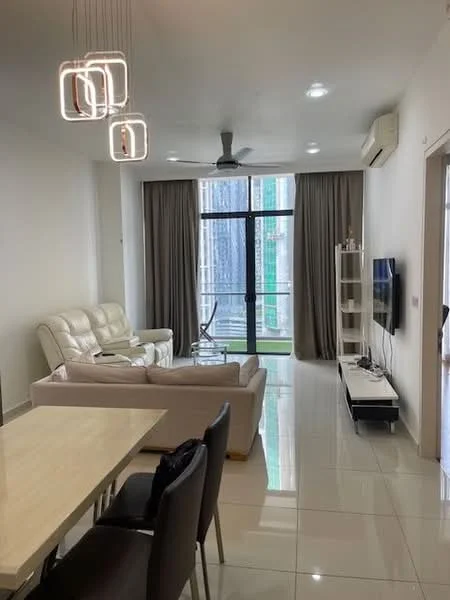 Living features: 3-seater leather sofa in white, glass coffee table, TV console in white, wall-mounted TV, 5-blade ceiling fan, recessed downlights, floor-to-ceiling windows, curtains in beige, glossy tile flooring, air conditioning unit; style: modern; view: garden. Dining features: 6-seater dining table, upholstered dining chairs in black, pendant lighting above table; style: modern.