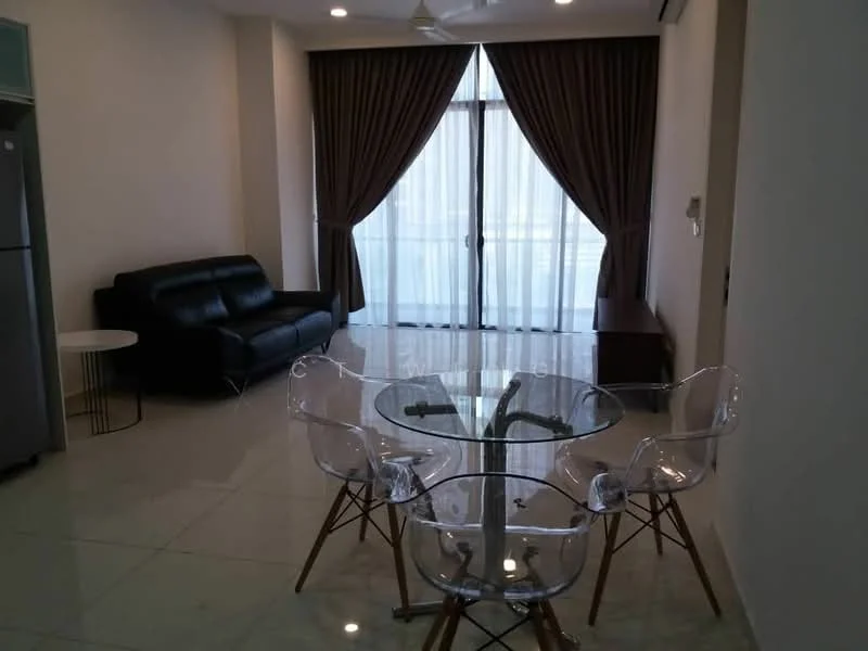 Living features: black leather sofa, glass dining table, transparent acrylic chairs, floor-to-ceiling windows, sheer curtains, dark brown curtain drapes, recessed downlights, polished tile flooring, wall-mounted TV, side table; style: modern.