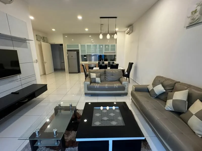 Living features: grey leather sofa, 3-seater sofa, 2-seater sofa, glass coffee table, white walls, recessed downlights, wall-mounted TV, TV console in black, tile flooring, air conditioning unit, decorative wall art, area rug with geometric pattern; style: modern. Kitchen features: stainless-steel fridge, built-in cabinets, glass-front upper cabinets, black countertop, kitchen island, 4-burner gas hob, built-in oven, pendant lighting; style: modern.