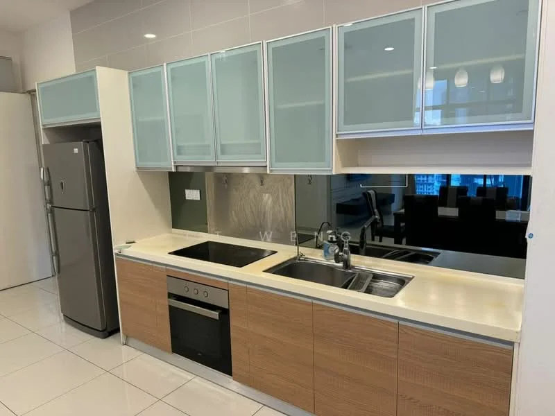 Kitchen features: stainless-steel fridge, built-in oven, 4-burner gas hob, double-bowl stainless-steel sink, chrome pull-down faucet, laminate countertop, glass-front upper cabinets, wood lower cabinets, white tiled backsplash, recessed downlights, white porcelain tile flooring, mirror backsplash; style: modern.