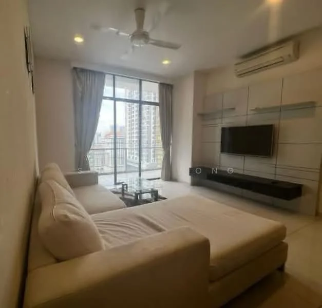 Living features: L-shape sectional sofa in white, glass coffee table, wall-mounted TV, TV console, floor-to-ceiling windows, curtains, ceiling fan, recessed downlights, white painted walls, polished tile flooring; style: modern; view: city.