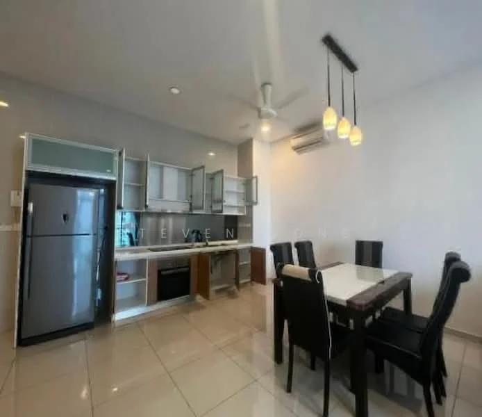 Kitchen features: stainless-steel fridge, built-in oven, 4-burner gas hob, white cabinetry with glass-front upper cabinets, marble countertop, white tiled backsplash, pendant lighting, recessed downlights, dining table with 6 black upholstered chairs, wall-mounted split AC, cream tiled flooring, ceiling fan; style: modern.