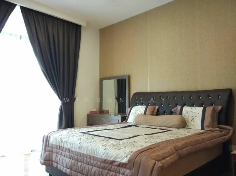 Bedroom features: king-size bed with upholstered headboard, decorative throw pillows, bedside table, framed mirror, floor-to-ceiling windows, sheer curtains, dark brown accent wall, light-colored bedding, wooden flooring; style: modern.