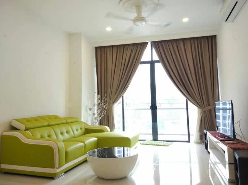 Living features: green leather sectional sofa with white trim, round white coffee table, floor-to-ceiling windows, sheer curtains, brown blackout curtains, recessed downlights, ceiling fan, wall-mounted TV, TV console in wood finish, polished tile flooring, air conditioning unit; style: modern; view: city.