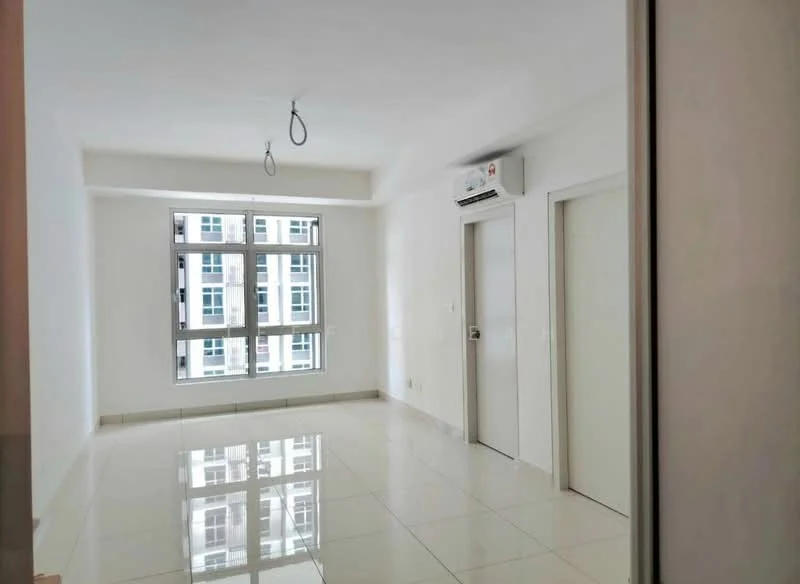 Living features: white painted walls, glossy ceramic tile flooring, floor-to-ceiling windows, 1 wall-mounted split AC, recessed ceiling lights, neutral color scheme, door to hallway, natural light from windows; style: modern; view: city.