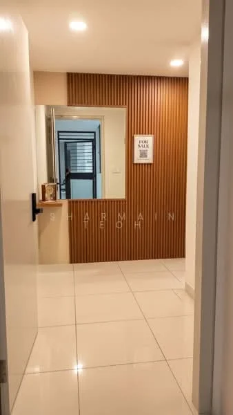 Room features: white painted walls, wood panel accent wall in brown, glossy tile flooring, recessed downlights, mirror, doorway leading to another room; style: modern.