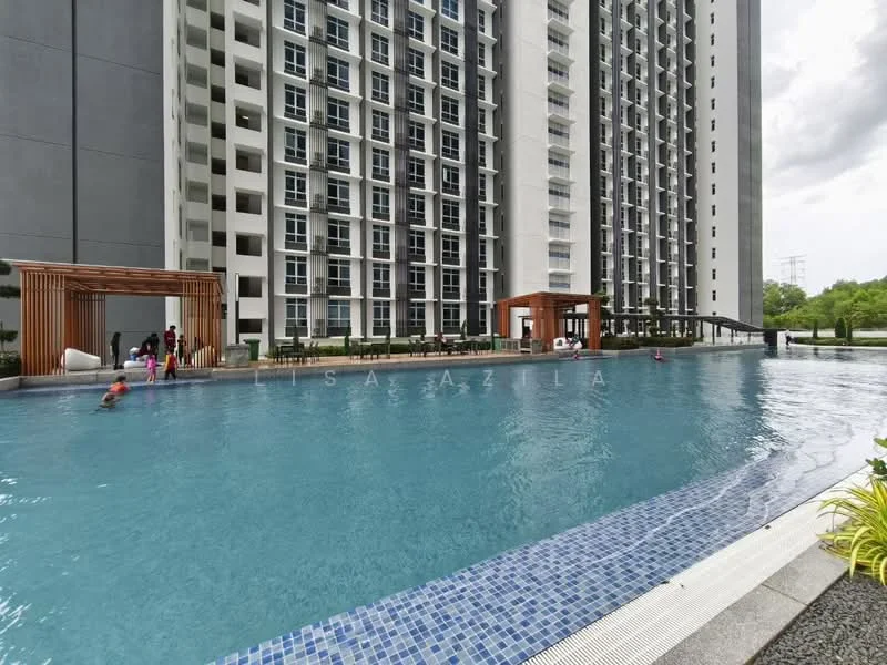 Exterior type: high-rise condominium; features: infinity pool, pool deck with loungers, surrounding greenery, concrete facade, glass windows, wooden pergola, landscaped garden, children swimming, multiple storeys, modern architecture; style: modern.