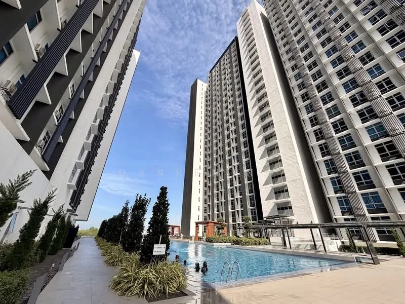 Exterior type: high-rise condominium; features: swimming pool with loungers, landscaped garden with shrubs, two high-rise buildings flanking the pool, glass curtain wall facade, outdoor seating area, manicured lawn, paved walkway, clear blue sky; style: modern.