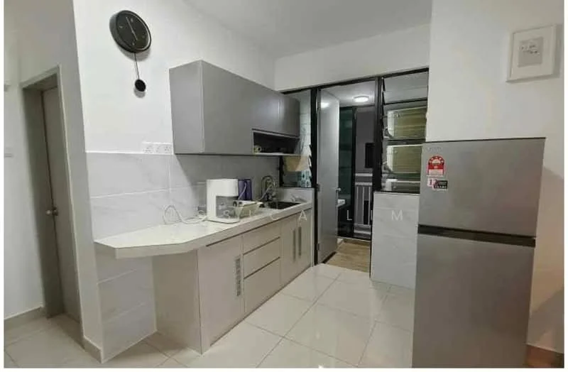 Kitchen features: grey cabinetry, white countertop, stainless-steel fridge, built-in sink, chrome pull-down faucet, ceramic tile flooring, white tiled backsplash, wall-mounted clock, open shelving, microwave, kitchen island with seating, window with view to utility area; style: modern.