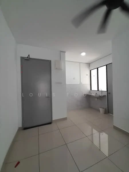 Room features: white painted walls, glossy ceramic tile flooring, ceiling fan, single window, grey door, white ceiling, light fixture, sink with faucet; style: modern.