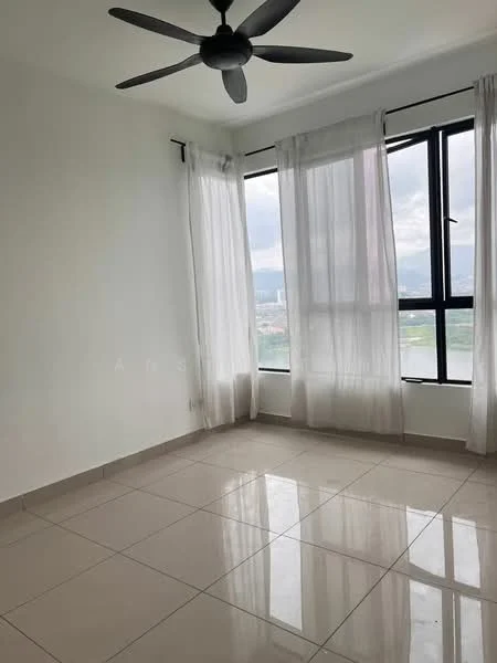 Room features: white painted walls, floor-to-ceiling windows, sheer curtains, 5-blade ceiling fan, glossy ceramic tile flooring, city view, natural light, neutral color scheme; style: modern; view: city.