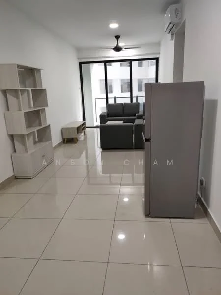 Living features: white painted walls, glossy tile flooring, 5-blade ceiling fan with light, sofa in grey, coffee table, open shelving unit, refrigerator in silver, large sliding glass door, natural light from windows; style: modern.