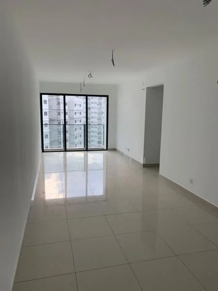 Living features: white painted walls, glossy ceramic tile flooring, floor-to-ceiling windows, natural light, recessed ceiling lights, open layout, neutral color scheme, no visible furniture; style: modern; view: city.