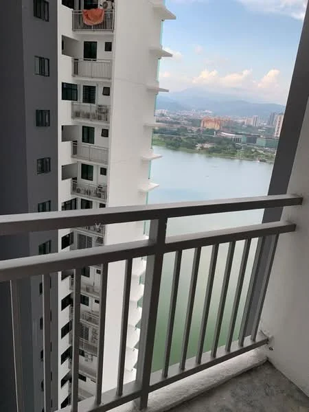 Room features: balcony with metal railing, concrete flooring, view of water body, city skyline in background, part of high-rise building structure; style: modern; view: city.